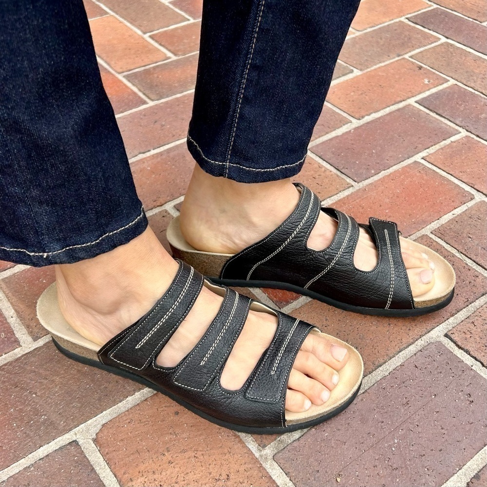 Mephisto Three Strap Slide Sandals Black Leather Low Wedge Velcro Open Toe 42
